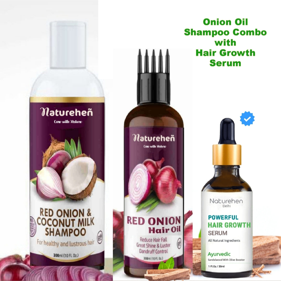 Anti Hair Fall Onion Hair Oil + Shampoo + Hair Serum For Control hair Fall with Comb Applicator