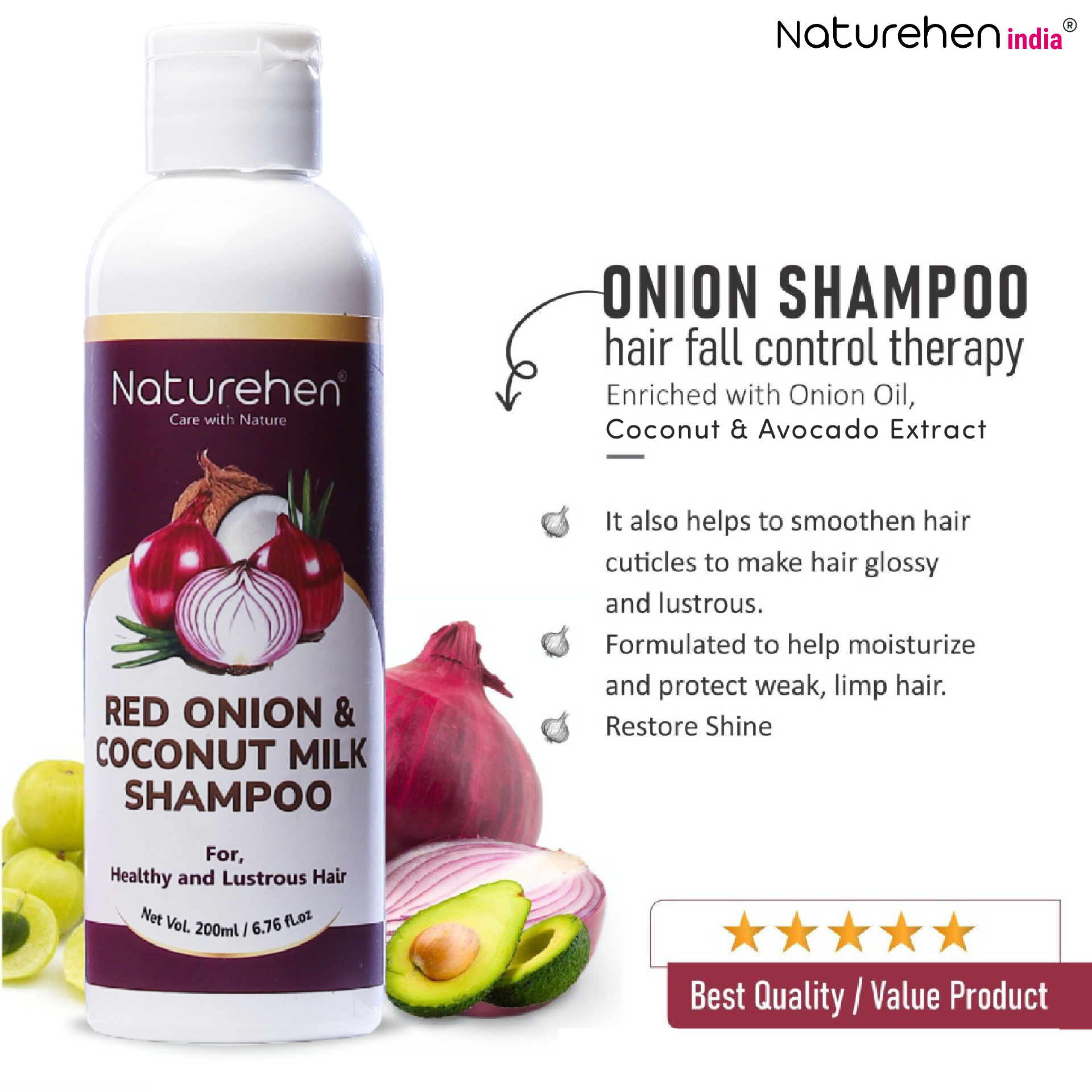 Naturehen Anti-Hair Fall Onion oil Shampoo Reduces Hair Fall | Strong & Damage Repair (200 ml)