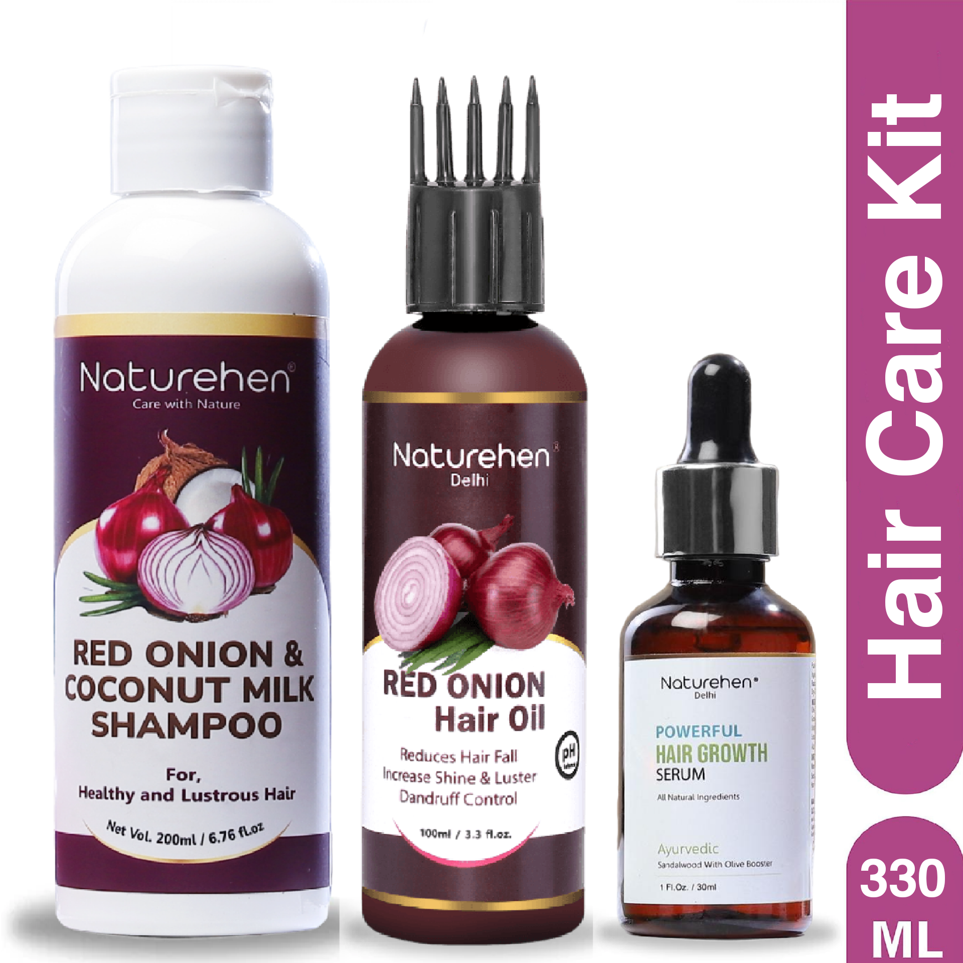 Naturehen Red Onion Oil & Shampoo Combo With Powerful Hair Growth Serum ( Hair Oil  100ml+ Shampoo 200ml + Hair Serum 30ml ) 1 Month Kit with Combo applicator