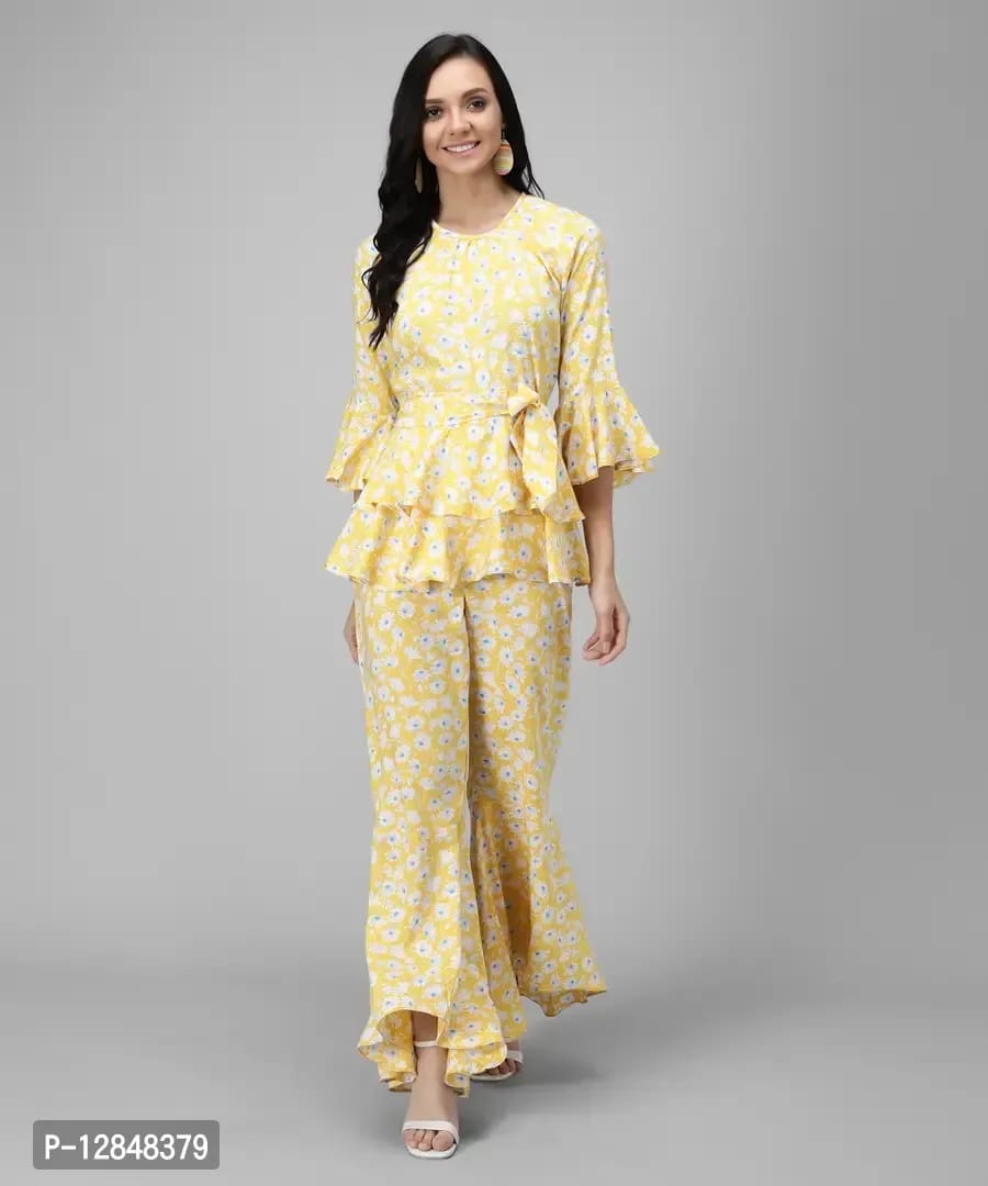 Trendy Yellow Rayon Floral Print Jumpsuit For Women