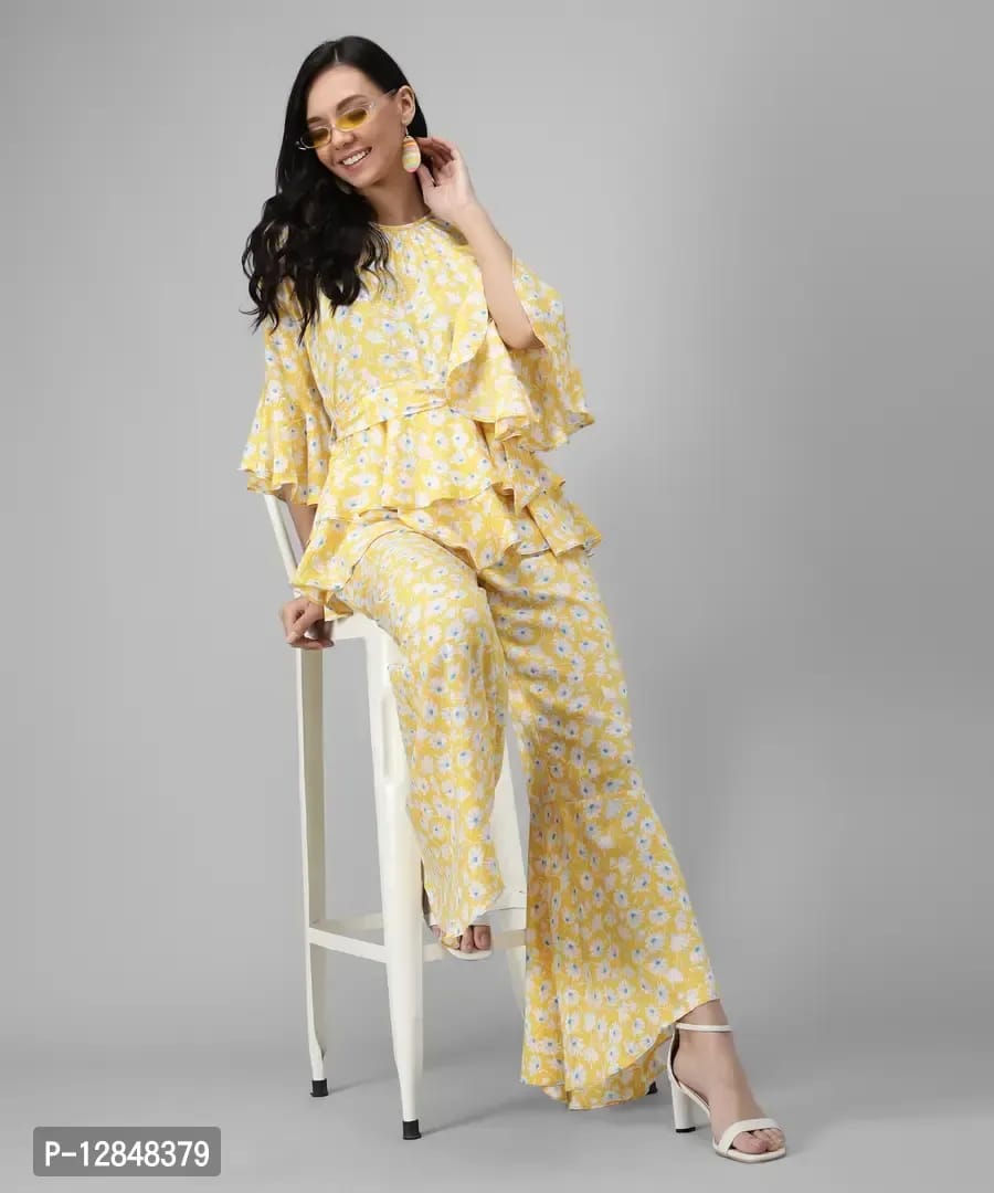 Trendy Yellow Rayon Floral Print Jumpsuit For Women