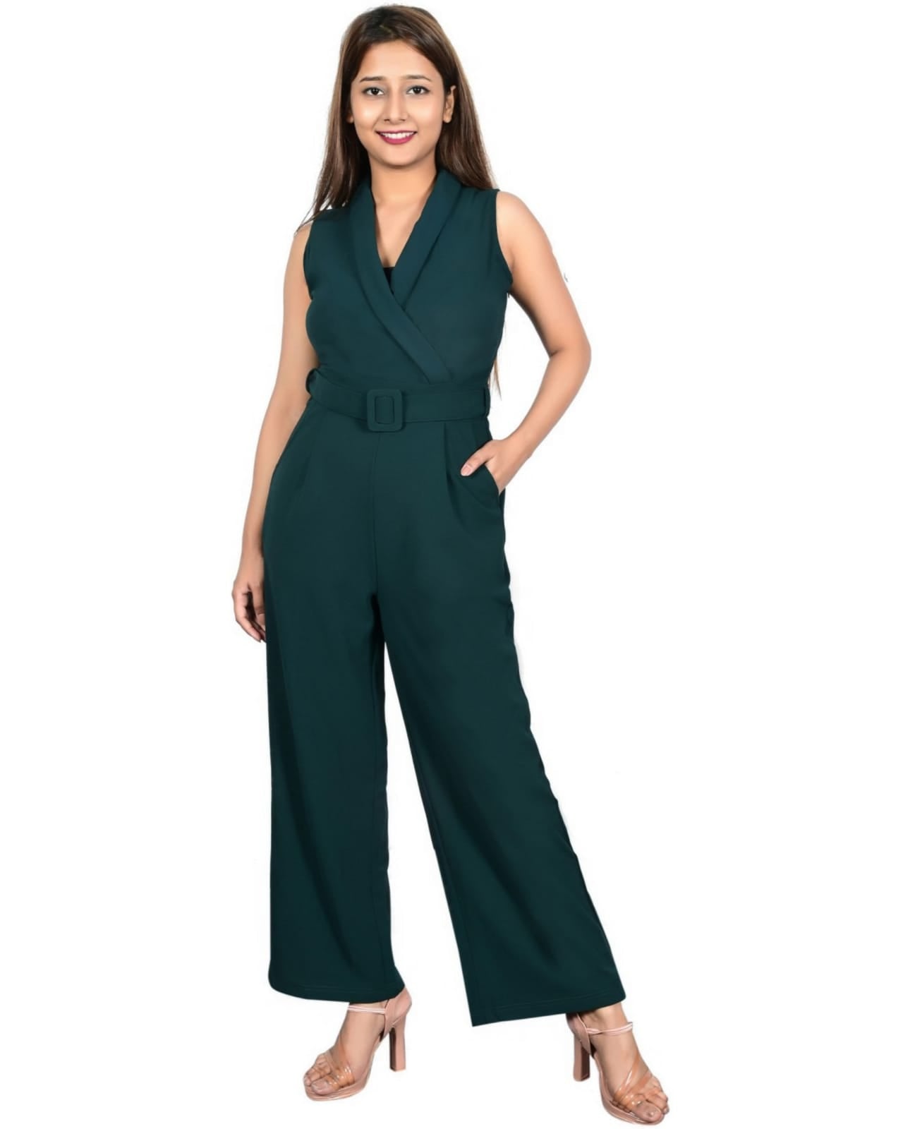 Women Casual Full Length, Comfort Fit, Straight Hemline Solid Green Jumpsuit