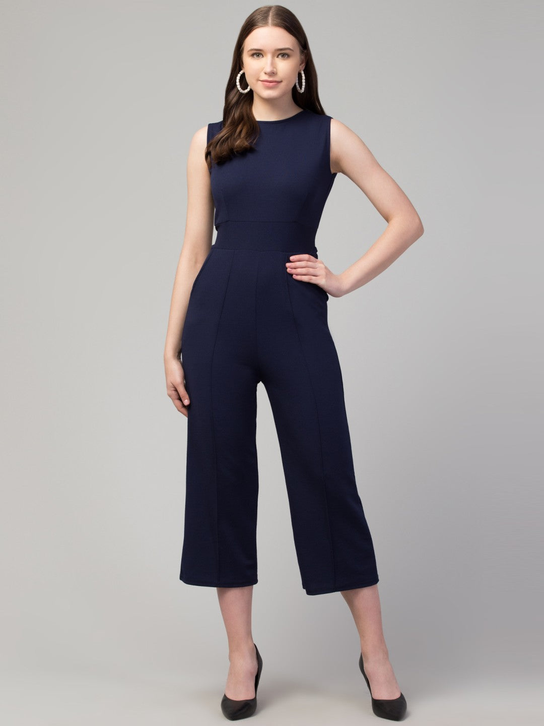 Trendy Designer Women round Neck Sleeveless Solid Pleated Regular Jumpsuit Women's | Girls